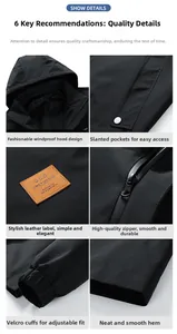 Detailed views of windproof hood, velcro cuffs, and zippered pockets on a black jacket