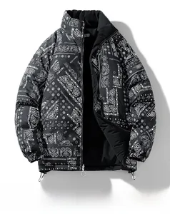 Detail of men's black stand collar jacket with white paisley bandana print pattern