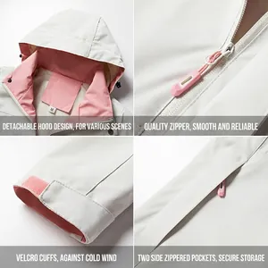 Waterproof hooded outdoor jacket in beige and pink with adjustable cuffs and zip pockets