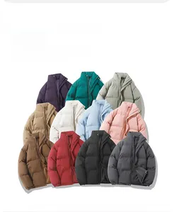 Detailed overview of winter puffer coats in multiple colors with high stand-up collar design