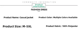 Size chart and material specs for casual jacket in 100% polyester with sizes M to 5XL