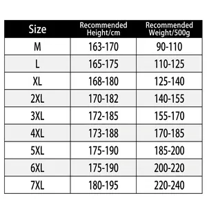Men's winter hooded parka size chart from M to 7XL with height and weight measurements