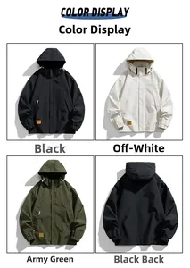 Detailed views of hooded windproof jackets in black, off-white, and army green colors