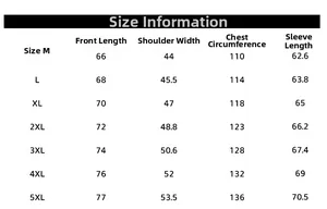 Detailed size chart for men's baseball jacket showing measurements from M to 5XL size
