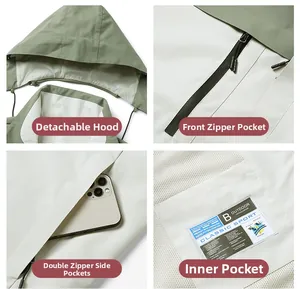 Detail of sage green outdoor jacket showing detachable hood and waterproof zip pockets