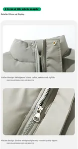 Detail view of windproof stand-up collar and double-placket zipper on grey-green jacket