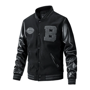 Men Vintage Varsity Jacket Patchwork PU Leather Sleeve Embroidery Letter B Baseball Jacket Casual Streetwear Outerwear