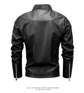 Rear view of men's faux leather jacket showing stand collar and zippered cuffs details