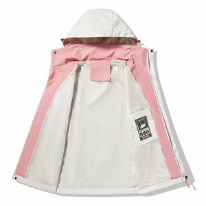 Women's outdoor hooded jacket in pink and white color block with breathable mesh lining