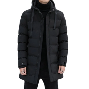 Men's mid-length hooded puffer coat in matte black with windproof quilted texture