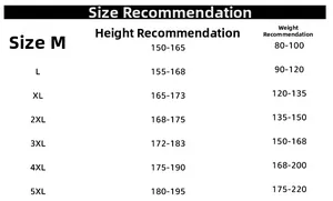 Detailed size chart for baseball collar jacket ranging from size M to 5XL for men
