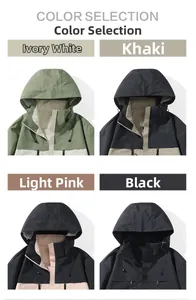 Detail showcasing outdoor hooded jackets in four color options with windproof drawstring