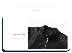 Detail of men's black PU leather jacket showing stand collar with silver zipper and snap