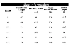 Detailed size chart for windproof jackets with measurements from size M up to 5XL