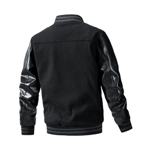 Men's black baseball jacket with leather sleeves and striped ribbing, back view