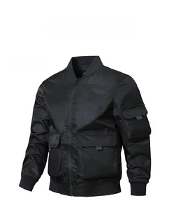 Detail of black flight bomber jacket with utility cargo pockets and ribbed cuffs