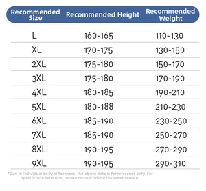 Size chart for men's outdoor jacket showing recommended height and weight from L to 9XL