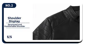 Detail view of the quilted shoulder stitching on a slim fit black leather motorcycle jacket