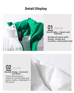 Detail of windproof stand collar and white-green contrast panels on a winter jacket