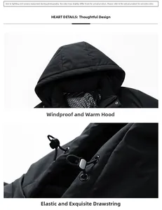 Detail of hooded jacket showing windproof hood design and adjustable elastic drawstrings