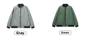 Detail of grey and green bomber jackets showing windproof fabric and ribbed collars