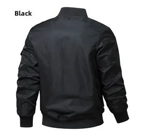 Rear view of black bomber jacket featuring classic ribbed collar and functional arm pocket