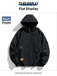 Flat lay of men's black hooded windbreaker with drawstring hood and elastic cuffs