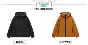 Flat lay detail showing black and coffee windproof jackets with zipper and hooded design