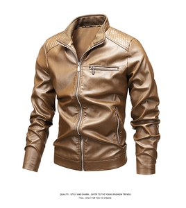 Detail view of brown men's PU leather jacket with quilted shoulders and standing collar