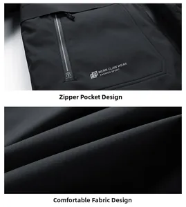 Detailed macro view of the waterproof zippered pocket and textured fabric on men's winter coat