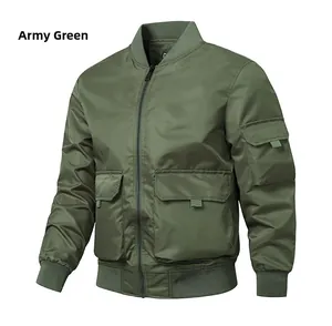 Detail of army green MA1 flight jacket showing windproof fabric and utility pockets