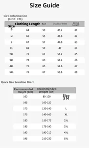 Detailed size guide table with measurements for waterproof outdoor jackets from S to 5XL