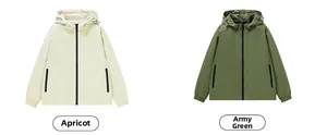 Detail view of windproof hooded jackets in apricot and army green colors