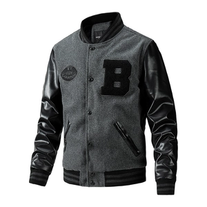 Men's wool varsity jacket with leather sleeves and B-letter patch embroidery in grey