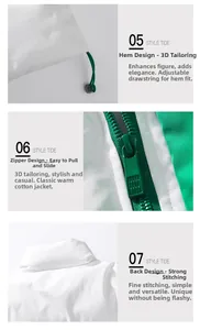 Detail of winter puffer jacket featuring green drawstring hem and durable smooth zipper