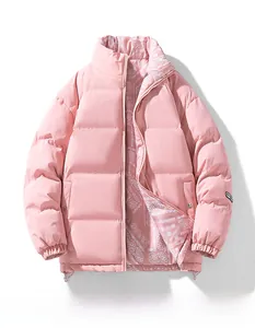 Pink stand collar quilted puffer jacket with paisley lining detail for winter