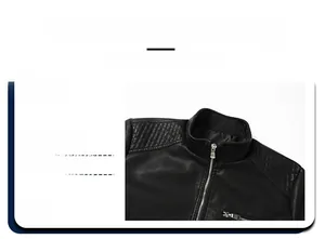 Detail of men's black PU leather jacket featuring quilted shoulders and metal zipper