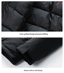Detail of men's winter jacket showing anti-shifting lining and adjustable velcro cuffs
