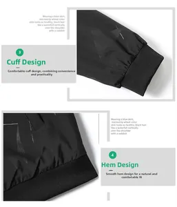 Detail view of elastic ribbed cuffs and hem on a black casual baseball jacket