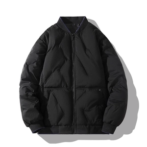 Men's black lightweight quilted cotton puffer jacket with ribbed cuffs and baseball collar