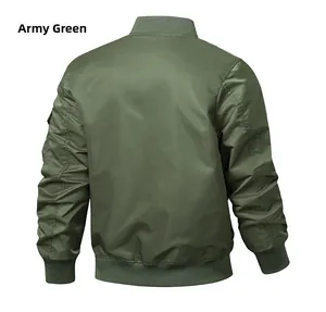 Back view of army green bomber jacket with utility zipper pocket on sleeve