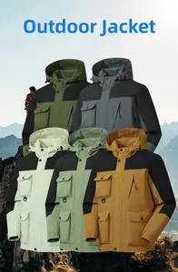 Outdoor hardshell jackets shown in five colors with multi-pocket design for hiking
