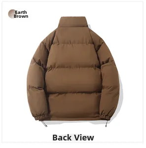 Back view of brown puffer jacket with horizontal quilting and adjustable drawstring hem