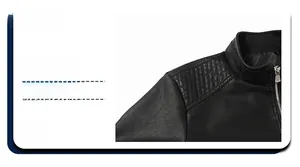 Detail of black motorcycle jacket showing quilted shoulder texture and stand collar