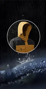 Close-up of waterproof hooded jacket with 8000mm H2O performance for rain protection