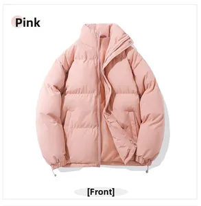 Detail view of pink puffer jacket with high collar, zipper closure, and elastic cuffs