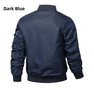 Rear view of navy blue MA1 flight jacket showing ribbed cuffs and sleeve pocket detail