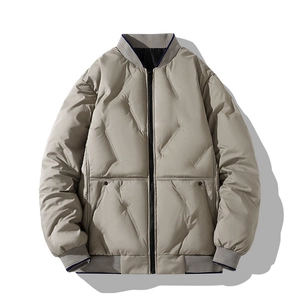 Khaki quilted men's winter jacket with hood and ribbed cuffs on white background