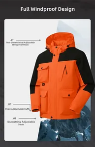 Detail view of orange windbreaker jacket featuring adjustable hood and velcro cuffs