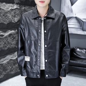 Men's black PU leather biker jacket with turn-down collar and stylish cleaner patch